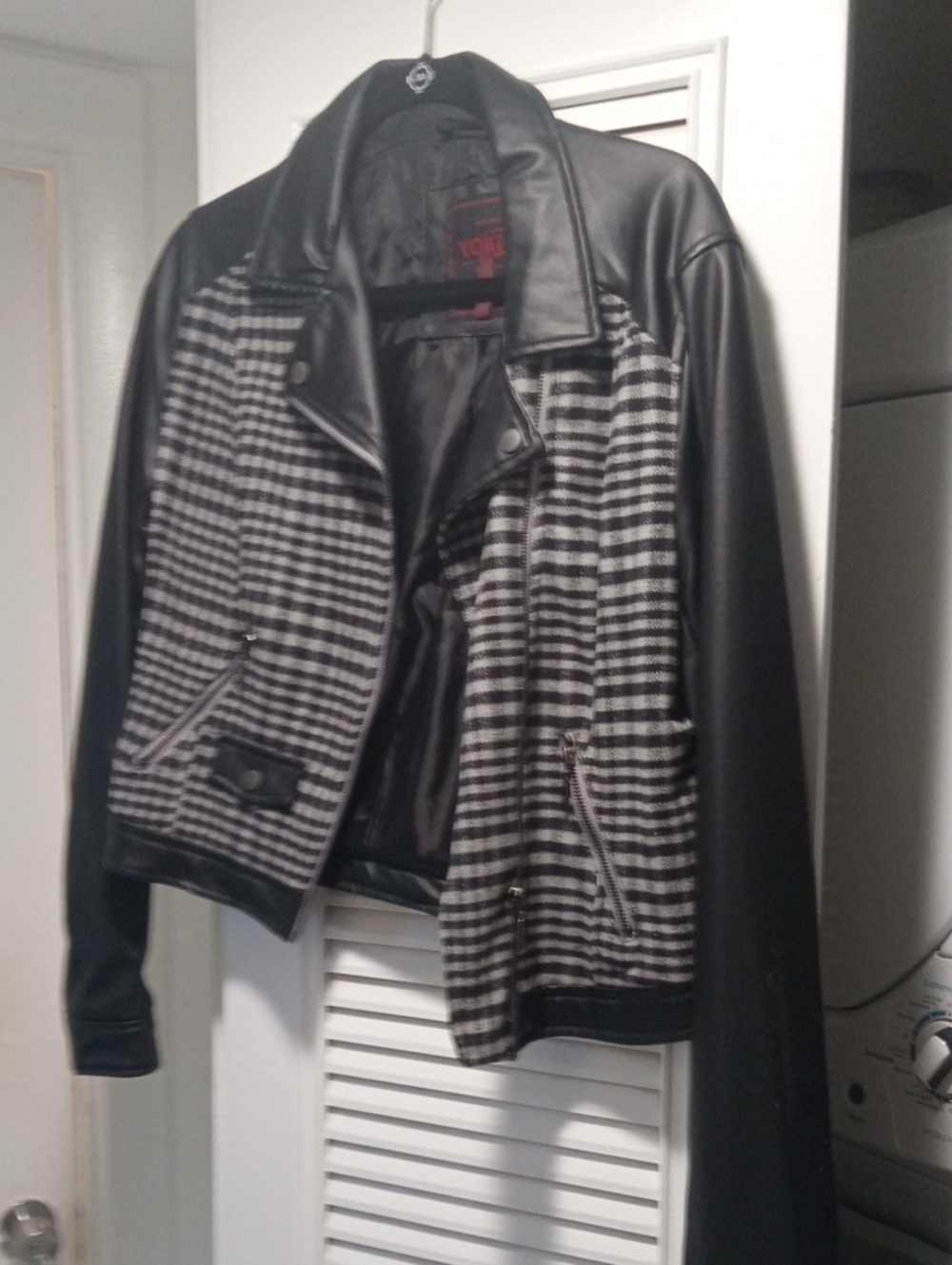 Yoki Black and White Houndstooth Faux Leather Bomber Jacket - Men